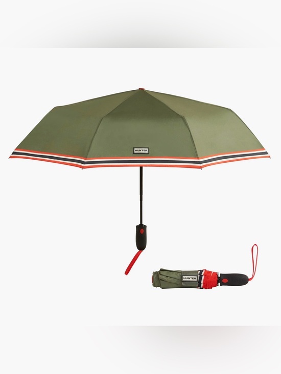 Hunter Accessories - Hunter Signature Stripe Compact Umbrella Cypress w/Red stripe